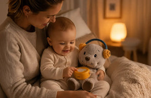 Mutter und Baby mit Lenabie Aaron dem Bären und Lenabo Smart Speaker beim gemütlichen Abendritual mit Einschlafgeschichten und sanfter Musik.