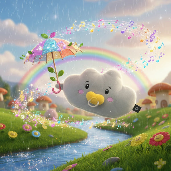 Lenabo Kinderlied-Geschichte „Linas Regenlied – Lina (Wolke)“ – zauberhafte Wohlfühlgeschichte für Kinder ab 2 Jahren, Lina tanzt fröhlich im sanften Regen und lässt mit ihrem bunten Schirm und ihrem Regenlied einen strahlenden Regenbogen entstehen, liebevolle Vorlesegeschichte über Gefühle, Musik und die Magie eines Regentages, ideal als beruhigendes Ritual für verregnete Nachmittage oder als fröhliche Gute-Nacht-Geschichte in der Lenabo App