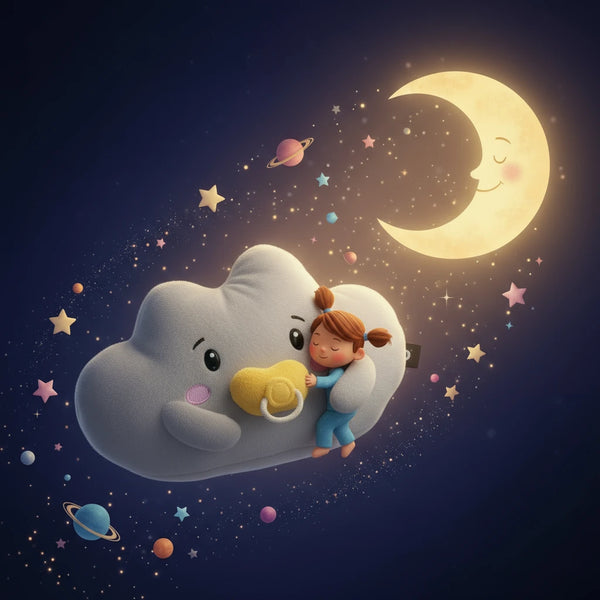 Lenabo Gute-Nacht-Geschichte „Lina träumt vom Mond – Lina (Wolke)“ – sanfte Einschlafgeschichte für Kinder ab 2 Jahren, Lina schwebt mit einem kleinen Mädchen durch den Sternenhimmel und besucht den lächelnden Mond zwischen funkelnden Planeten, liebevolle Abendgeschichte über Geborgenheit, Fantasie und süße Träume, ideal als beruhigendes Gute-Nacht-Ritual in der Lenabo App