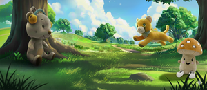 Frühlingshafte, kindgerechte Illustration zeigt die Lenabies Aaron (Bär), Tali (Puma) und Felix (Pilz) vor einer malerischen Waldszenerie; alle gezeigten Lenabies gehören der Themenwelt 