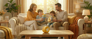 Familie sitzt gemeinsam auf dem Sofa und hält verschiedene Lenabies in den Händen, während der Lenabo Smart Speaker im Vordergrund steht – Banner der Produktdetailseite zum Einzelkauf des Smart Speakers mit Übersicht aller Features; zeigt das smarte Spielsystem für Kinder von 0 bis 7+ Jahren, kompatibel mit allen Lenabies für Geschichten, Musik und Lerninhalte.