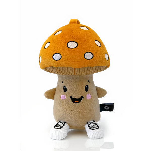 Produktbild von Lenabie Felix (Pilz) vor weißem Hintergrund in Frontansicht – das flauschige Audio-Kuscheltier mit freundlichem Gesicht, weichen Materialien und integriertem Fach für den herausnehmbaren Smart Speaker.