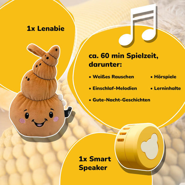 Lenabo Starter Kit mit Lenabie Mia (Muschel) und Smart Speaker – Set mit Kuscheltier und einsetzbarem Smart Speaker, ca. 60 Minuten Spielzeit mit weißem Rauschen, Einschlaf-Melodien, Gute-Nacht-Geschichten, Hörspielen und Lerninhalten für Kinder von 0 bis 7+ Jahren