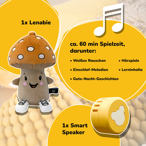 Lenabo Starter Kit mit Lenabie Felix (Pilz) und Lenabo Smart Speaker – Lieferumfang: 1x Audio-Kuscheltier und 1x Smart Speaker, ca. 60 Minuten vorinstallierte Inhalte wie Weißes Rauschen, Einschlafmelodien, Gute-Nacht-Geschichten, Hörspiele und Lerninhalte, Starter Set für Kinder ab 0 Jahren