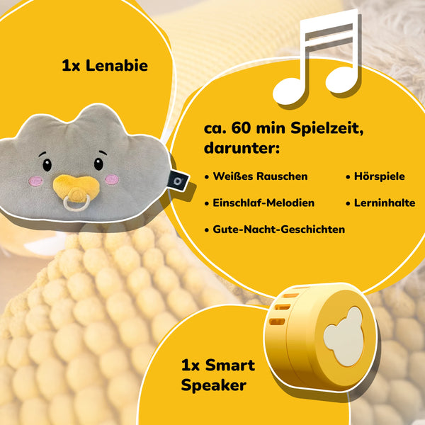 Lenabo Starter Kit mit Lenabie Lina (Wolke) und Smart Speaker – Set aus flauschigem Audio-Kuscheltier und herausnehmbarem Smart Speaker mit ca. 60 Minuten Spielzeit. Enthält weißes Rauschen, Einschlaf-Melodien, Gute-Nacht-Geschichten, Hörspiele und Lerninhalte – flexibel, waschbar und ideal für Kinder von 0–7 Jahren.