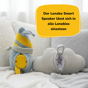 Lenabie Nalu (Surfboard) und Lenabie Lina (Wolke) mit geöffnetem Fach für den Lenabo Smart Speaker – herausnehmbarer, mobiler Lautsprecher zum einfachen Einsetzen in alle Lenabies, flexibel kombinierbar im Lenabo Starter Kit mit 60+ Minuten Audioinhalt pro Lenabie Kuscheltier.
