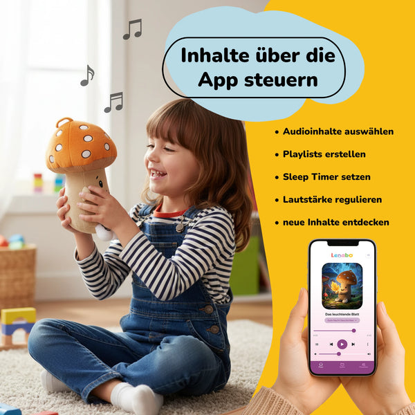 Lenabo Starter Kit mit Lenabie Felix (Pilz) und Lenabo Smart Speaker – App-gesteuertes Audio-Kuscheltier für Kinder ab 0 Jahren, Inhalte bequem über die Lenabo App steuern, Audioinhalte auswählen, Playlists erstellen, Sleep Timer setzen und Lautstärke regulieren, ideal für Hörspiele, Gute-Nacht-Geschichten und Lerninhalte