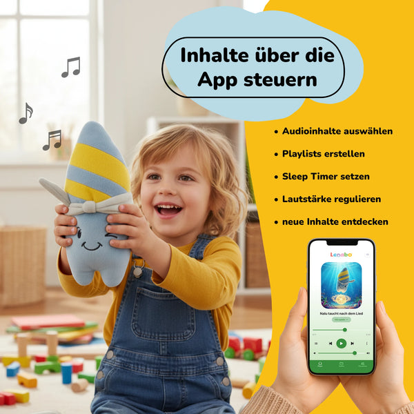 Lenabo Starter Kit mit Lenabie Nalu (Surfboard) und Smart Speaker – Audio-Kuscheltier für Kinder, Inhalte bequem über die Lenabo App steuerbar, mit Hörspielen, Musik, Sleep Timer und Lautstärkeregelung für zuhause und unterwegs