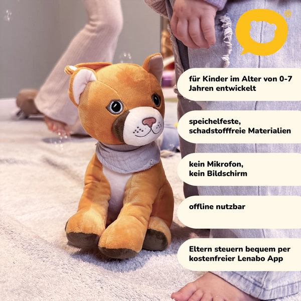 Lenabie Tali (Puma) Audio-Kuscheltier für Kinder von 0–7 Jahren – speichelfeste und schadstofffreie Materialien, kein Mikrofon und kein Bildschirm, offline nutzbar, Steuerung über die kostenlose Lenabo App, sicheres Kuscheltier mit entnehmbarem Smart Speaker Modul für Babys und Kleinkinder