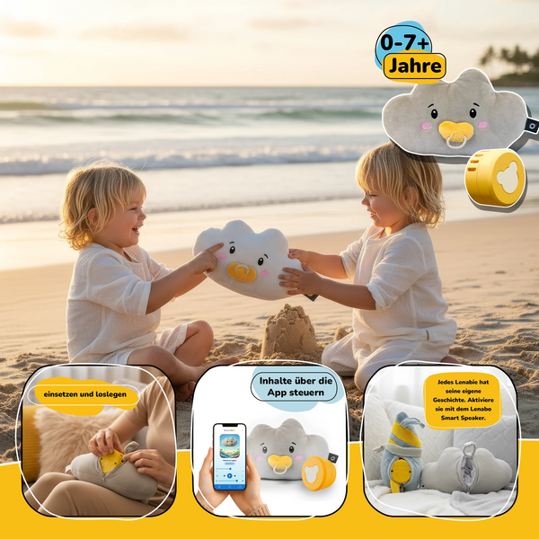 Kinder spielen am Strand mit Lenabie Lina (Wolke) aus dem Lenabo Starter Kit im 2er Bundle – interaktives Hörspiel-Kuscheltier für 0–7+ Jahre mit mobilem Lenabo Smart Speaker, App-Steuerung und 60+ Minuten Audioinhalt pro Lenabie.